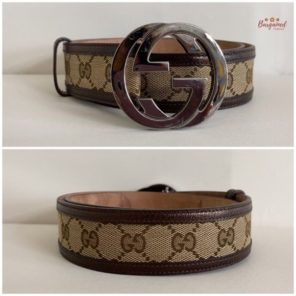 Authentic GUCCI Brown Monogram Canvas Silver Interlocking G Buckle Belt 75/30 - Picture 3 of 13